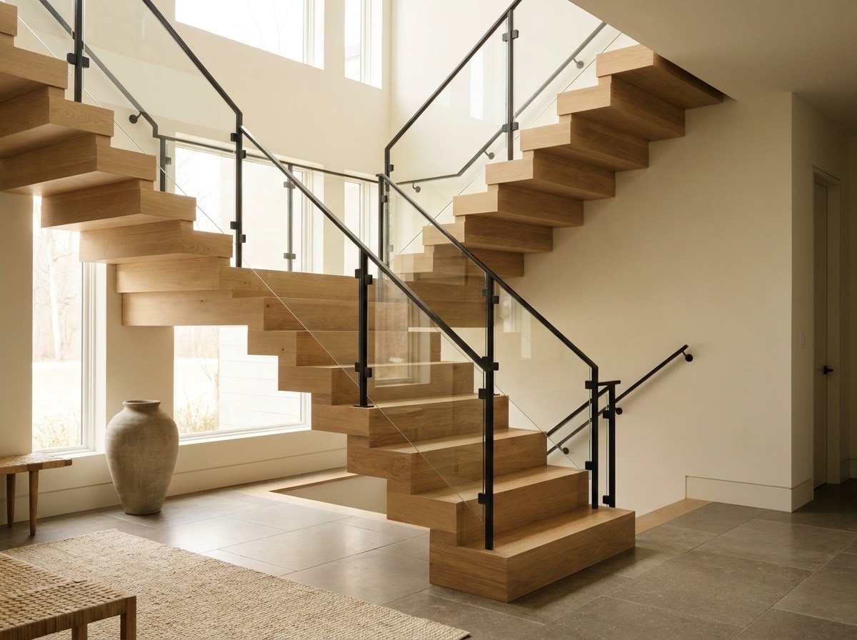 Moderne trap met houten treden in een lichte woning